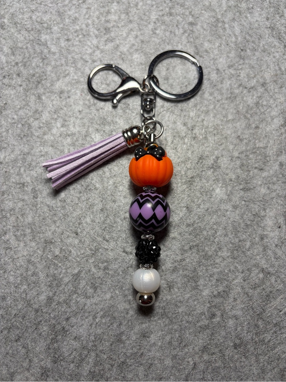 Halloween Pumpkin & Lavender Tassel Keychain - Beaded Key Holder